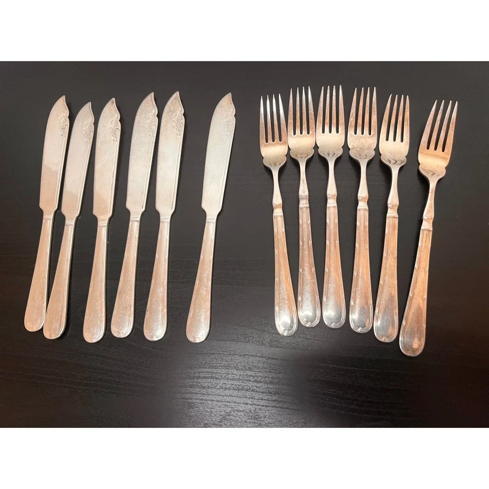 12-Piece EPNS Silver Plated Fish Cutlery Set c. 1920s Knives Forks Antique